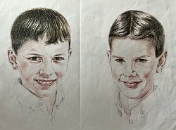 Two boys brother commission drawing by Julie Waldron