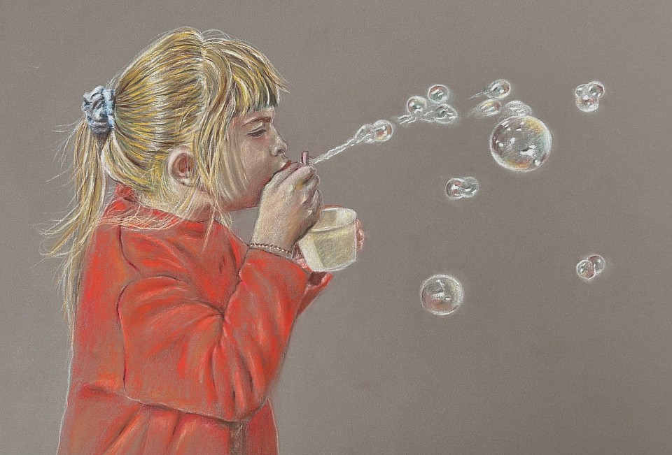 Young girl in red dress blowing bubbles, pastel portrait by Julie Waldron