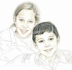 Sister and brother portait drawing by Julie Waldron