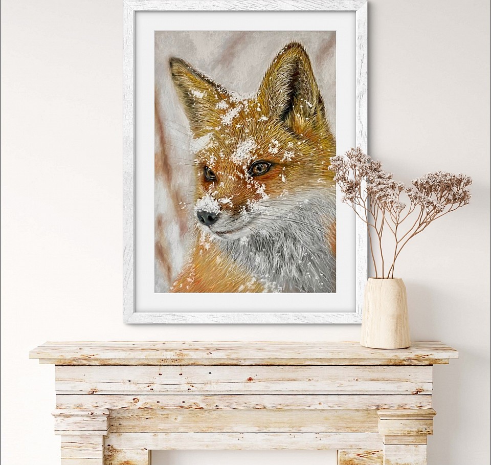 Fox in snow original pastel drawing by artist Julie Waldron