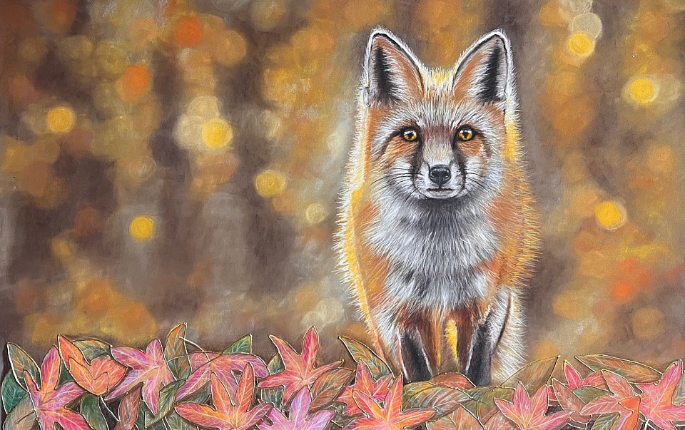 Fox in Autumn Leaves a pastel drawing by Julie Waldron