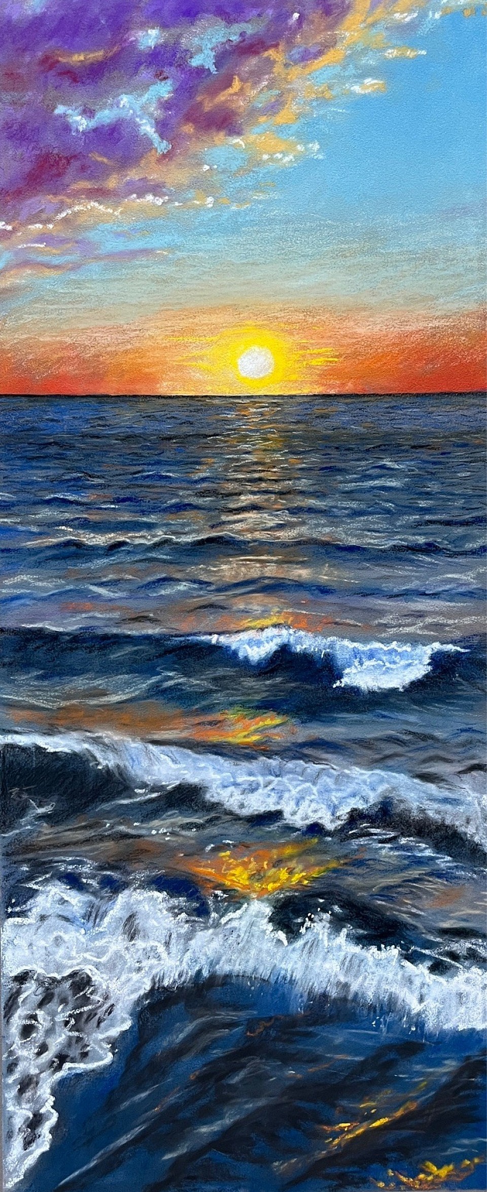 Sunset over sea surf by Julie Waldron